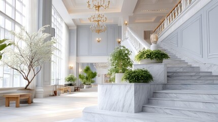 Elegant lobby design featuring a grand staircase, abundant natural light, and lush greenery, creating a serene and inviting atmosphere for visitors and guests to enjoy.
