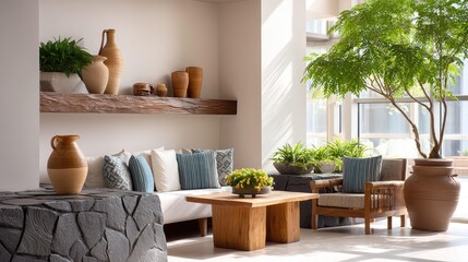 Stylish and modern lobby design featuring natural elements, comfortable seating, and greenery that invites relaxation and warmth into the space, creating a welcoming atmosphere for guests.