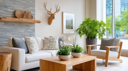 Elegant and Inviting Lobby Design Featuring Cozy Seating, Natural Light, and Stylish Decor with Greenery, Perfect for a Modern Hospitality or Residential Space.