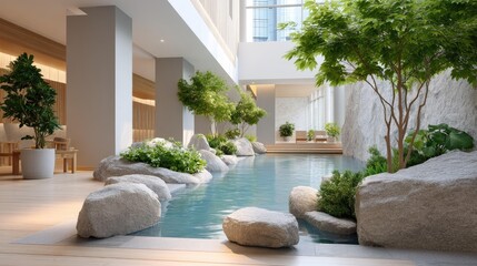 Modern lobby design featuring an elegant water feature, lush greenery, and natural stone elements, creating a serene and inviting atmosphere for visitors and guests.