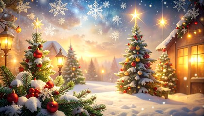 Festive Winter Scene: Christmas Trees, Snow, Lights, and Snowy Landscape