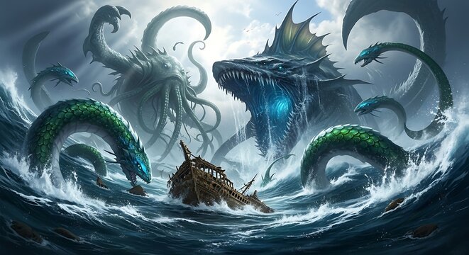 Epic Sea Battle - Giant Monsters Clash with Ship in Stormy Waters.
