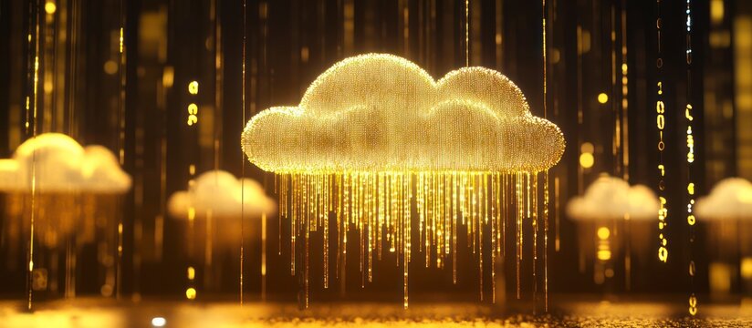 Digital rain falls from glowing clouds in a futuristic cityscape at night with technology and data streaming down