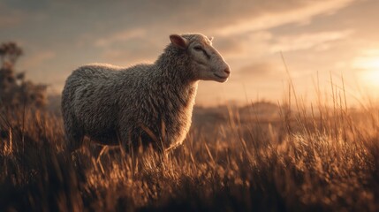 Fototapeta premium Sheep grazing peacefully in golden field at sunset, evoking rural serenity and natural beauty, perfect for idyllic pastoral themes and tranquil escapes