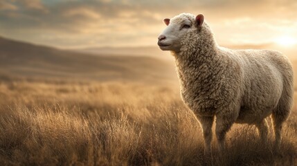 Fototapeta premium Stunning sheep portrait in golden field at sunrise evokes peaceful rural landscape and farm life, perfect for agriculture or nature themed projects