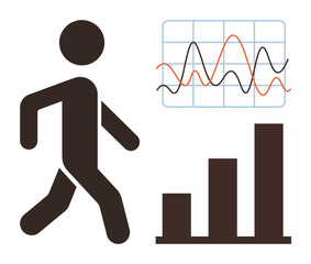 Walking figure beside a line graph and bar chart. Ideal for fitness tracking, data analysis, health progress, business growth, performance metrics, lifestyle improvement, simple flat metaphor