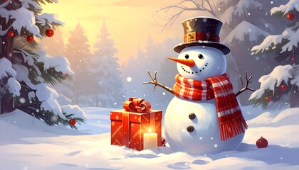 Festive Christmas Snowman with Gifts and Candle in a Snowy Winter Landscape