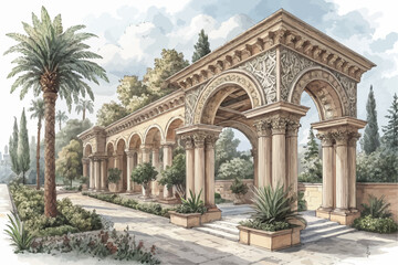 Naklejka premium Watercolor painting of a long colonnade with arches, columns, and surrounding greenery in a garden setting