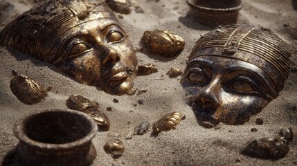 Uncover the Mysteries of Ancient Egypt with Stunning Pharaoh Masks and Golden Artifacts on Sand for Travel, History, and Culture Projects