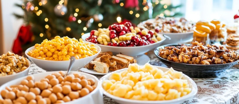 Dinner table setup with various dishes of snacks and food indoors