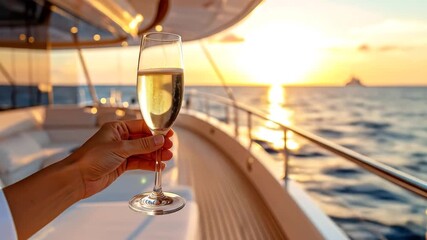 A toast to luxury with a glass of sparkling wine on a yacht, enjoying the beautiful golden ocean sunset