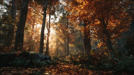 Obraz premium Warm autumn sunlight streams through vibrant forest trees illuminating golden leaves and lush undergrowth creating a serene woodland path