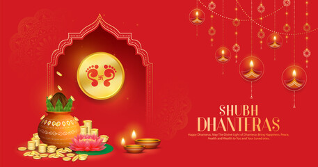 Happy Dhanteras Celebration - Poster Template Design With Pots of Gold Coin, Diya and Decorative Arch. Auspicious Hindu Festival Symbolizing Prosperity and Wealth. Hindu Festival Background.