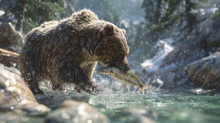 Majestic bear powerfully catches fresh fish mid-air in a crystal clear river surrounded by lush forest and rocky terrain