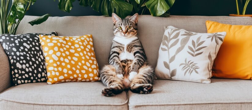 A domestic young multi-colour cat sitting comfortably on a sofa with colourful cushions.