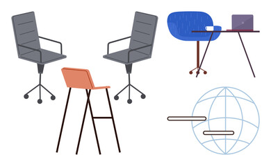 Office setup with swivel chairs, high stool, desk with laptop and mug. Global connection concept represented by a globe with bars. Ideal for workplace, remote work, teamwork, global reach