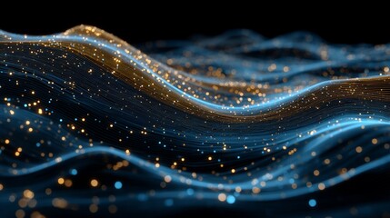 Abstract flowing data streams illuminated with blue and golden sparkling lights