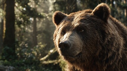 Fototapeta premium Majestic brown bear gazes intently from sun-dappled forest, evoking wilderness and natural power