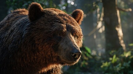Fototapeta premium Majestic brown bear in sunlit forest, embodying untamed wilderness and natural power for captivating wildlife stories.