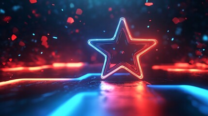 Abstract futuristic red and blue neon star with reflective surface illuminated beautifully