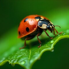 Macro shot of a red ladybug on a green leaf with water drops