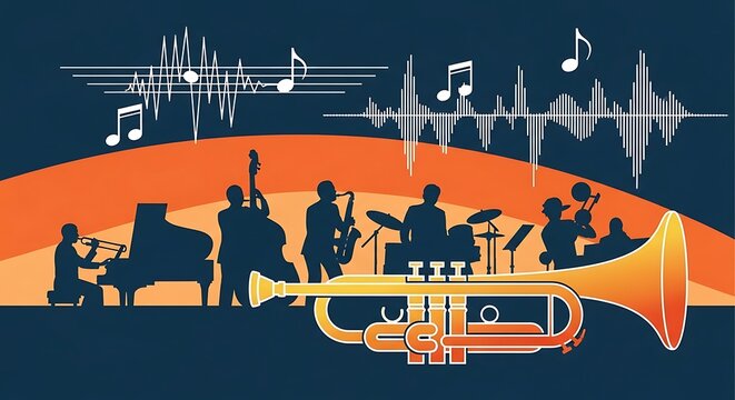 Jazz Band Silhouette with Trumpet and Musical Notes.