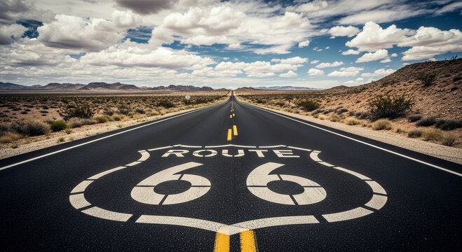 A view of route sixty six painted on a road leading to mountains under a cloudy sky