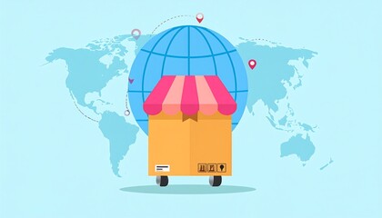 Global E-commerce and International Shipping Concept with World Map Background