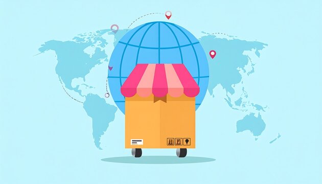 Global E-commerce and International Shipping Concept with World Map Background