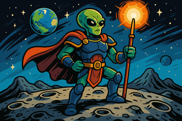 Fototapeta premium Moon standing cratered heroic glowing illustration staff proudly alien vector armor warrior