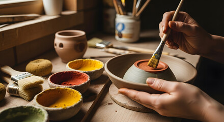 Artist painting ceramic pottery in studio creative craft and design process