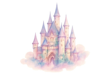 Watercolor fairytale castle floating on pastel clouds