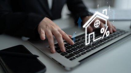 Real estate investment profit illustration showing rising house value, property return, and real...