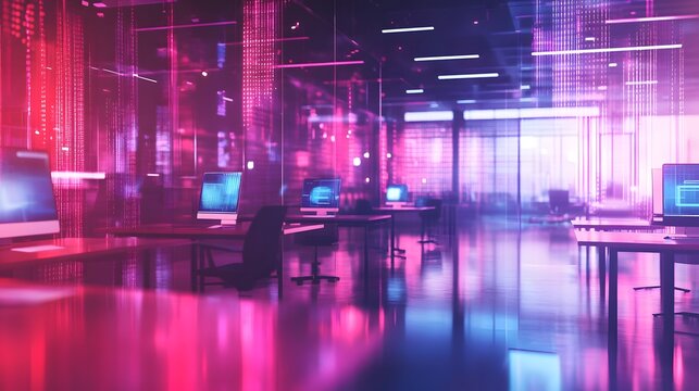 Modern neon cyberpunk open space office interior blurred with information technology overlay