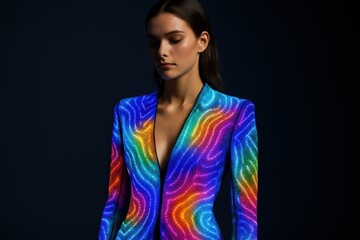 Brightly colored fashion display featuring a model in a vibrant light-up suit presenting a unique artistic style