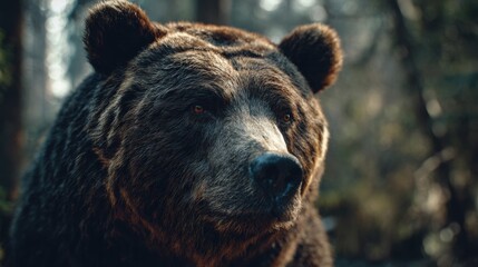 Fototapeta premium Majestic grizzly bear portrait with intense gaze, embodying wild nature and untamed power in a forest setting.
