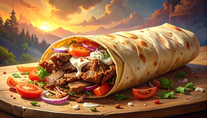 Delicious and Freshly Made Shawarma Wrap with Vegetables and Sauce on a Wooden Surface