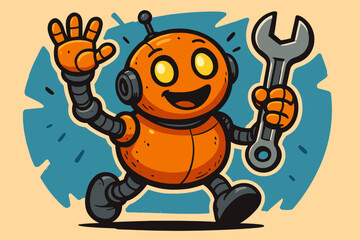 Obraz premium Hand illustration wrench body while glowing cheerful vector one waving round robot