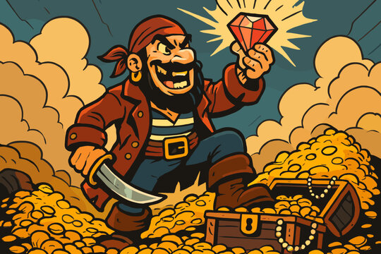 Triumph standing treasure atop jewel pirate piles victory vector illustration while triumphant