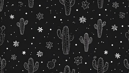 Hand-drawn Cactus and Flower Pattern on a Black Background Design