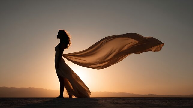 Dramatic silhouette of woman with flowing fabric against sunset sky in desert - Powered by Adobe