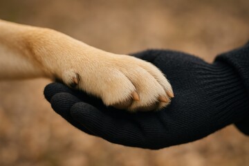 Hand and paw gently touching in a warm moment of connection during an outdoor setting in autumn