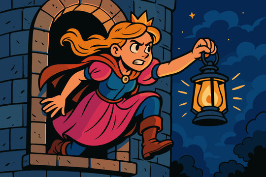 Climbing glowing tower princess hand vector adventurous lantern window illustration climb