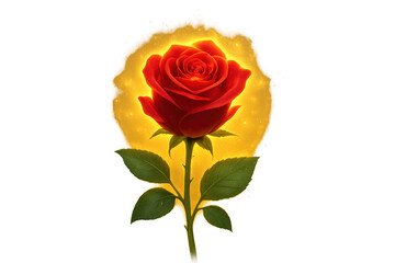 Red rose glowing with golden light, transparent background
