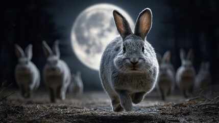 Majestic rabbits leap across moonlit forest floor, a mystical nocturnal journey under a luminous full moon