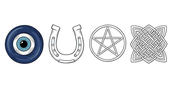 Symbolic Charms: Evil Eye, Horseshoe, Pentagram, and Celtic Knot Illustration