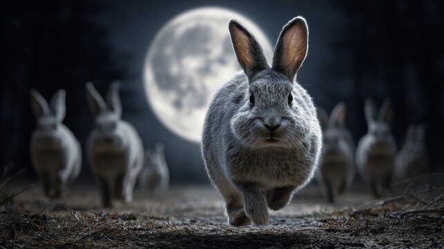 Majestic rabbits leap across moonlit forest floor, a mystical nocturnal journey under a luminous full moon