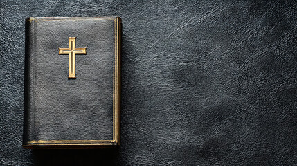 A Bible in a black leather cover with a golden cross on a black textured background. Background,Banner for religious publications