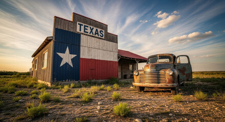 Old truck parked near a building with the texas flag painted on it under a cloudy sky in a field