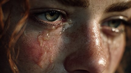 Intense close-up captures the raw emotion of a woman's tearful eye, conveying deep sadness, vulnerability, and powerful human experience.